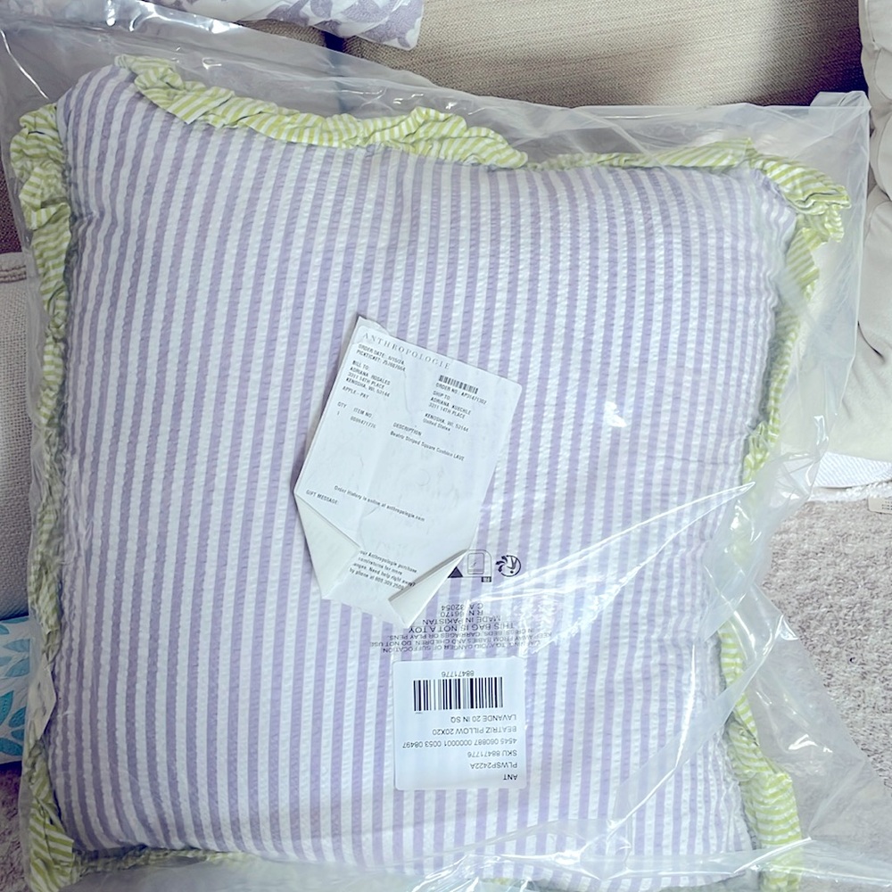 Anthropologie pillow! Striped lavender with ruffles!! NWT :)